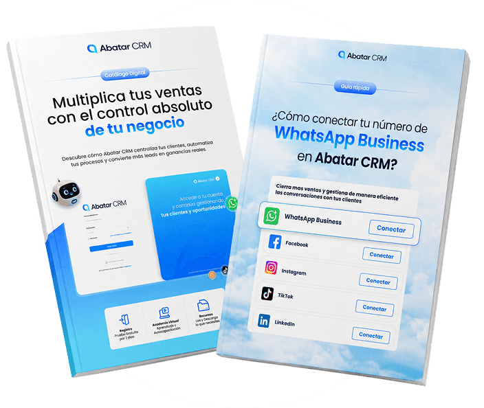 Portadas del catálogo digital de Abatar CRM y de la guía para conectar WhatsApp Business